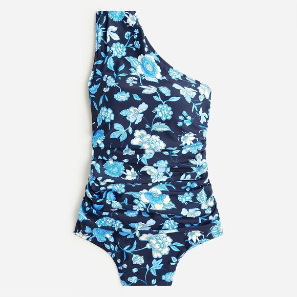 NWT J. Crew Blue Floral Ruched one-Shoulder One-Piece Swim Bathing Suit Size 24 - Picture 1 of 7